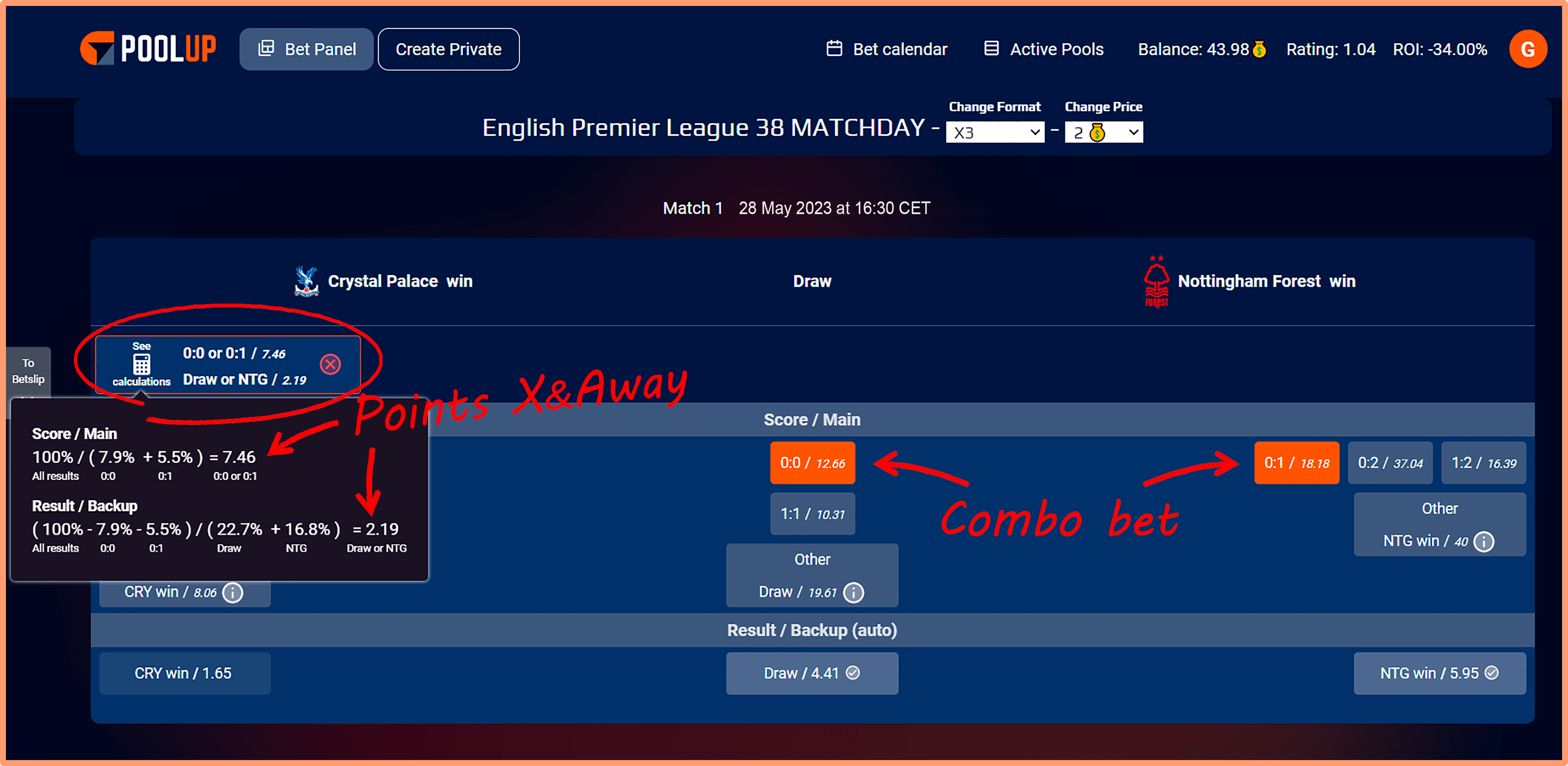PLACE COMBO BET for Score or Result